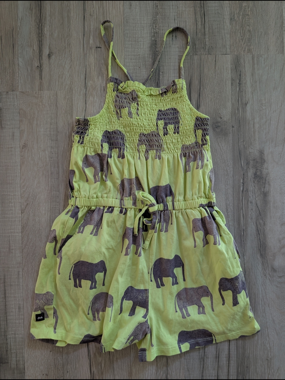 Tea Collection Yellow Elephant Print Smocked Romper, 8Y (V9)